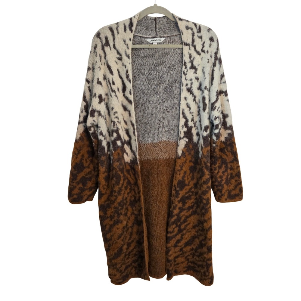 Davi & Dani Leopard Print Duster Cardigan Womens Size L Knit‎ Sweater Jacket